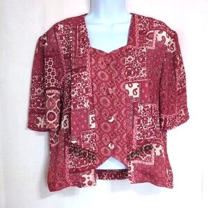 Vintage Sabino Red Block Pattern Short Sleeve Button Front Top Size 8